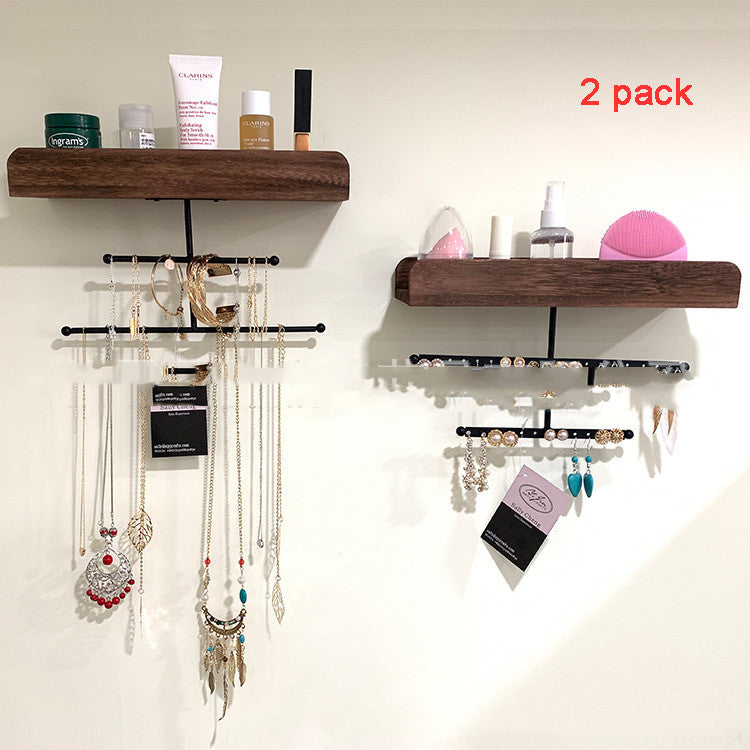 Retro Wall Hanging Fire Paulownia Wood Wrought Iron Multi-layer Earrings, Necklaces, Bracelets Display Stand