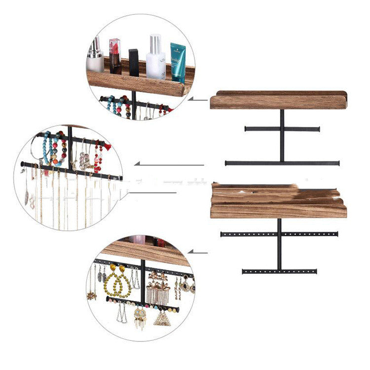 Retro Wall Hanging Fire Paulownia Wood Wrought Iron Multi-layer Earrings, Necklaces, Bracelets Display Stand