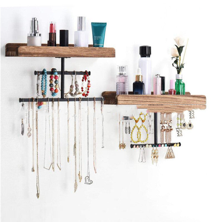 Retro Wall Hanging Fire Paulownia Wood Wrought Iron Multi-layer Earrings, Necklaces, Bracelets Display Stand