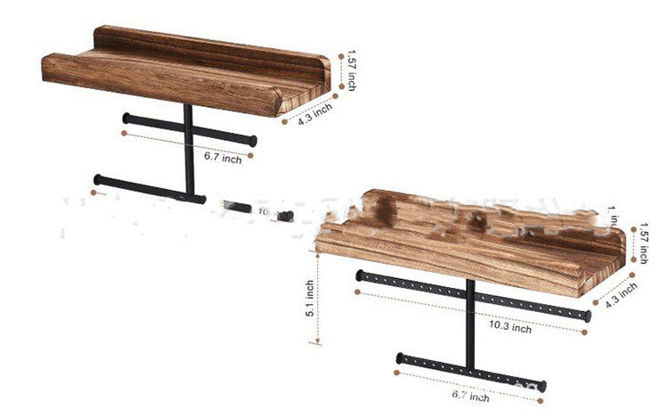 Retro Wall Hanging Fire Paulownia Wood Wrought Iron Multi-layer Earrings, Necklaces, Bracelets Display Stand