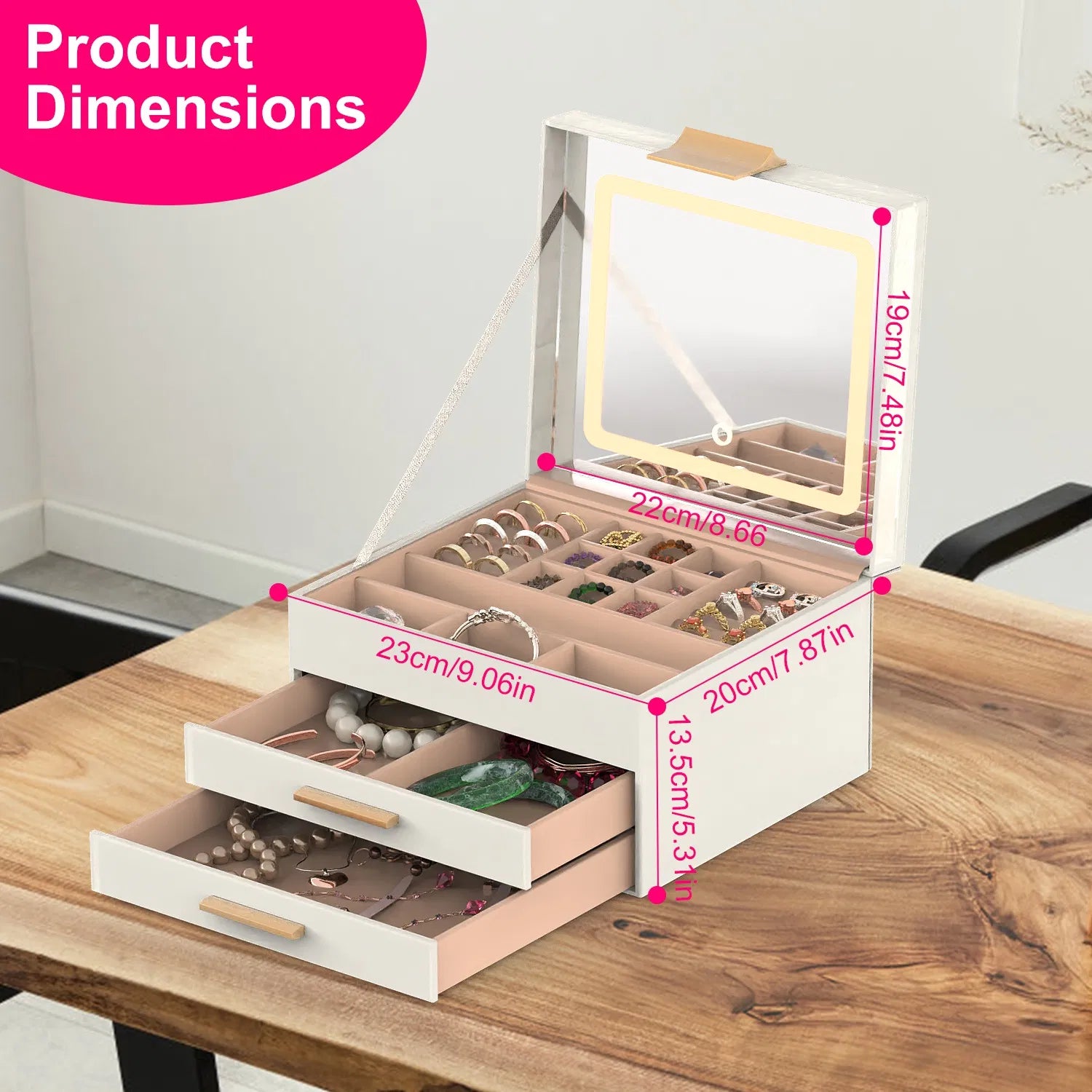 Jewelry Box With LED Mirror 3-Layer Jewelry Organizer With 2 Drawers PU Jewelry Holder With 3 Mirror Light Colors Dimmable For Earrings Rings Bracelets Necklaces GPCT5453