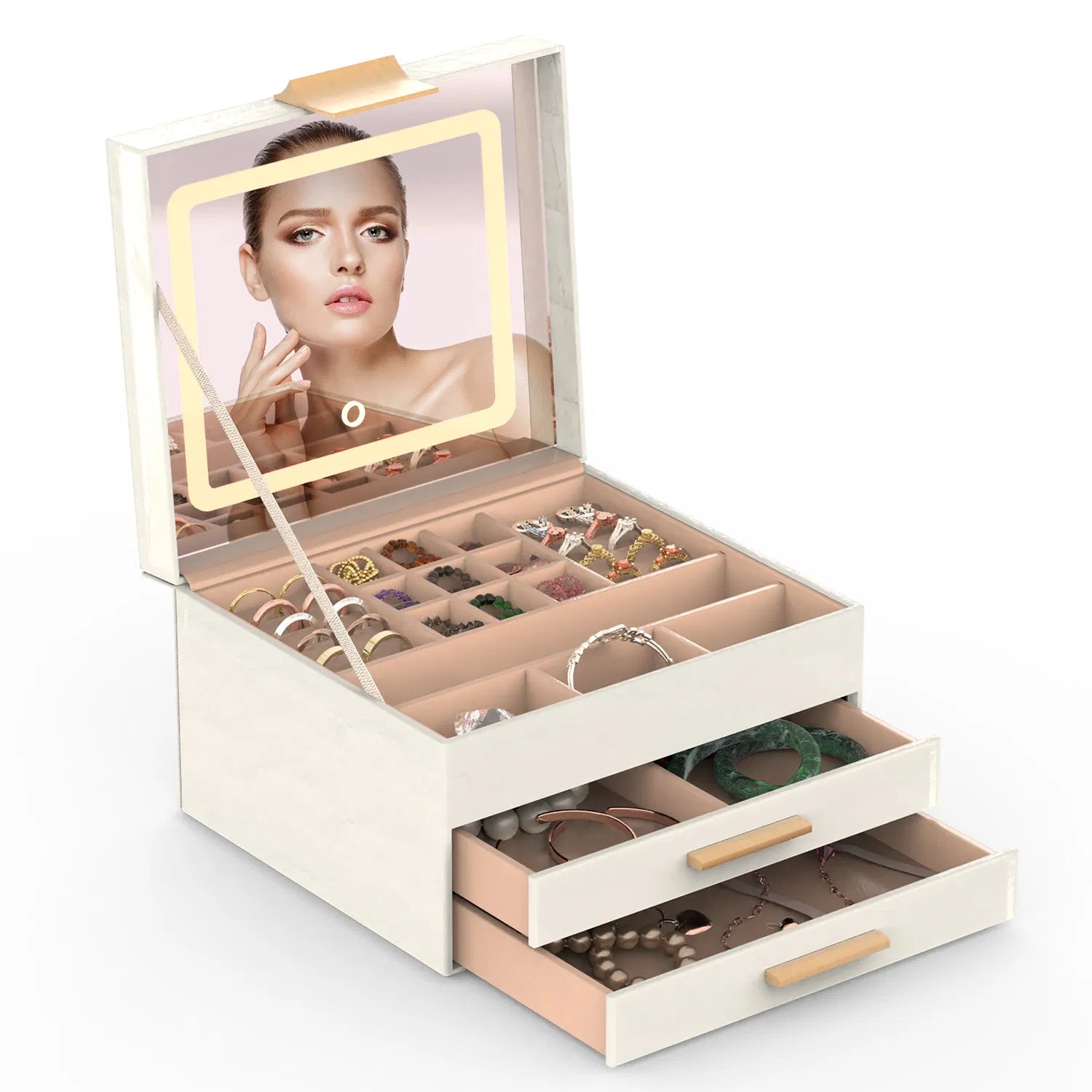 Jewelry Box With LED Mirror 3-Layer Jewelry Organizer With 2 Drawers PU Jewelry Holder With 3 Mirror Light Colors Dimmable For Earrings Rings Bracelets Necklaces GPCT5453