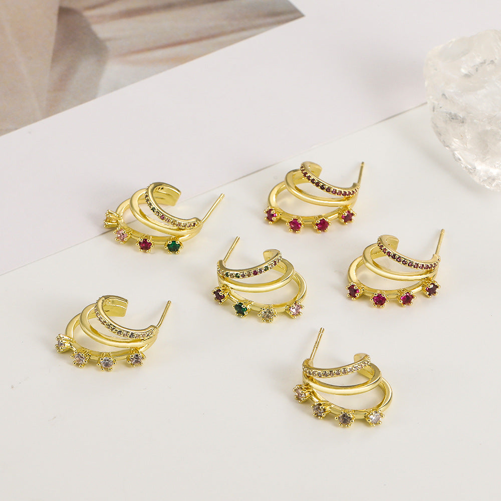 Fashion Three Rings Multilayer Diamond Earrings