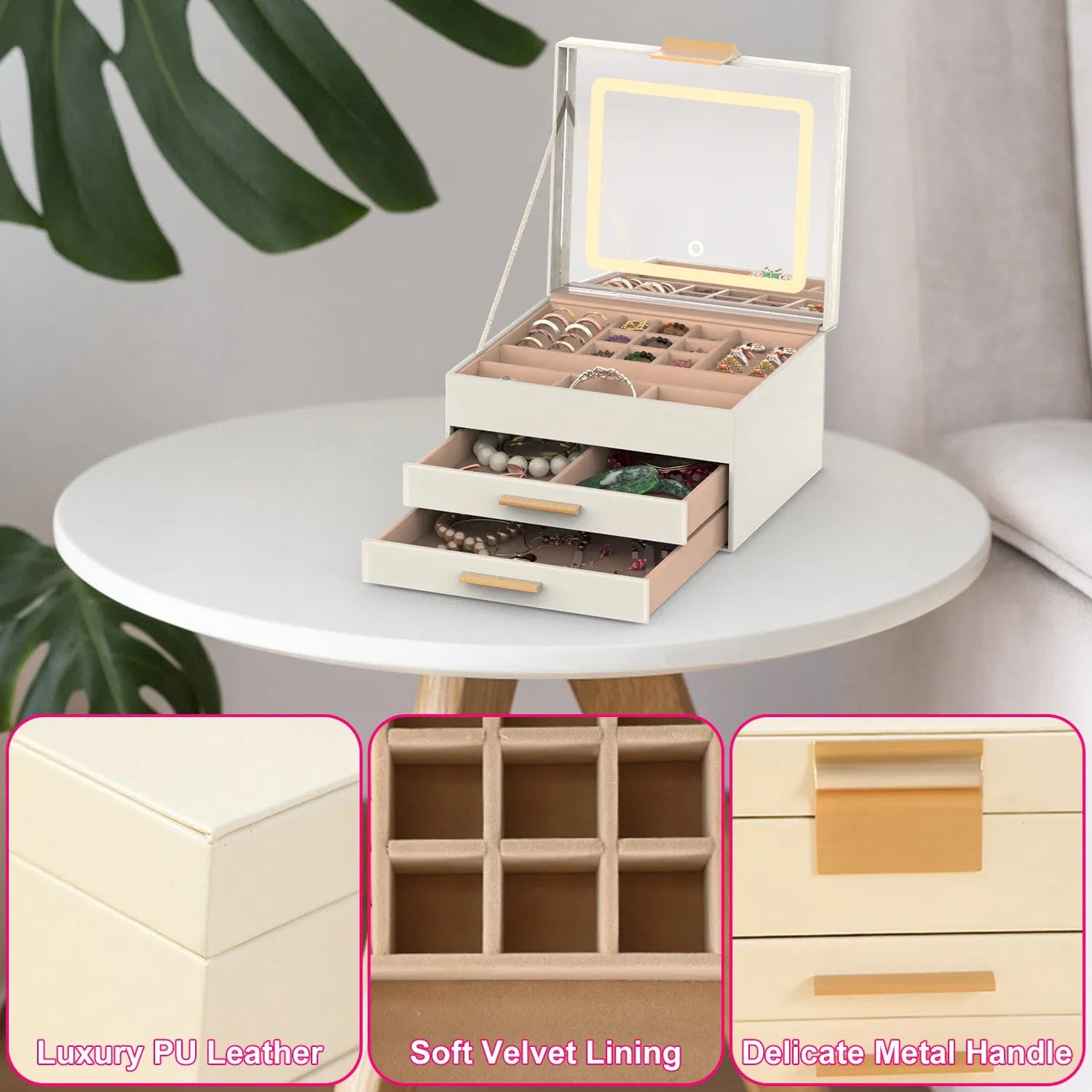 Jewelry Box With LED Mirror 3-Layer Jewelry Organizer With 2 Drawers PU Jewelry Holder With 3 Mirror Light Colors Dimmable For Earrings Rings Bracelets Necklaces GPCT5453