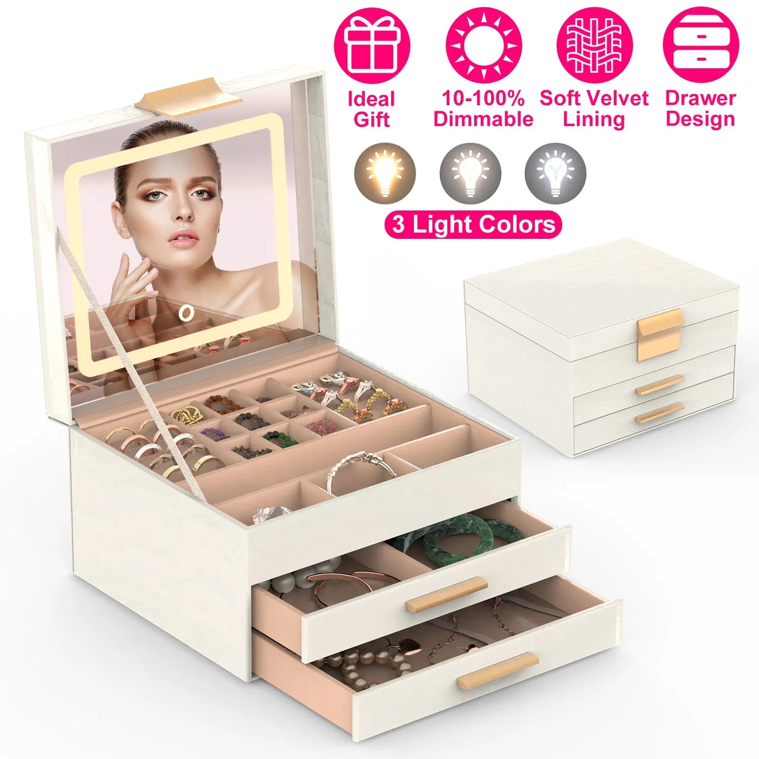 Jewelry Box With LED Mirror 3-Layer Jewelry Organizer With 2 Drawers PU Jewelry Holder With 3 Mirror Light Colors Dimmable For Earrings Rings Bracelets Necklaces GPCT5453